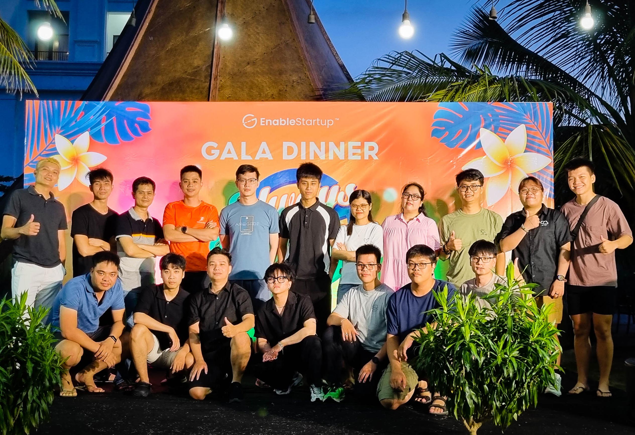 Studio team photo during a dinner event