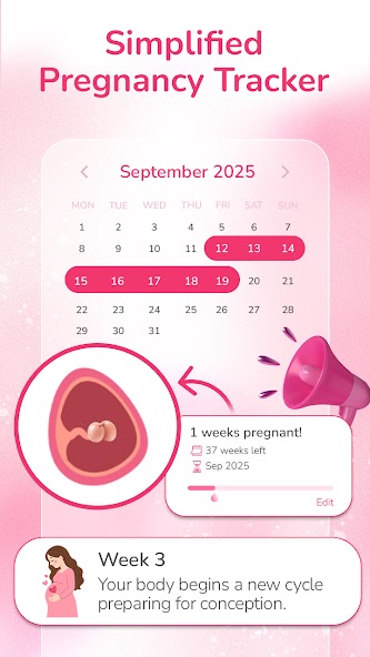 Google Play screenshot of the Pregnancy Tracker calendar and weekly progress interface
