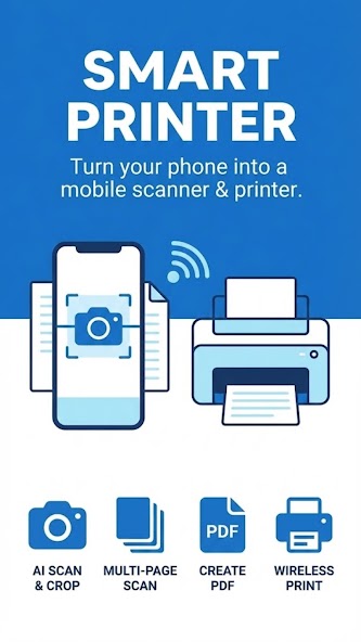 Google Play screenshot of the Smart Printer scanning and printing interface
